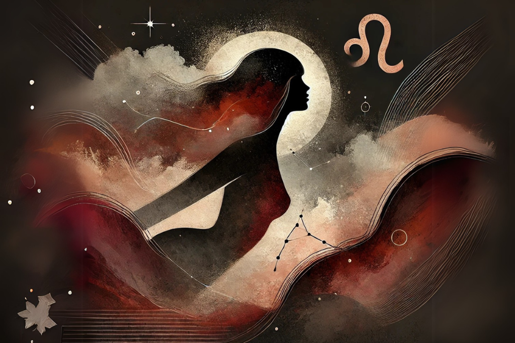 Abstract feminine Capricorn artwork with a black background, featuring earth tones, ruby red highlights, and celestial zodiac symbolism.
