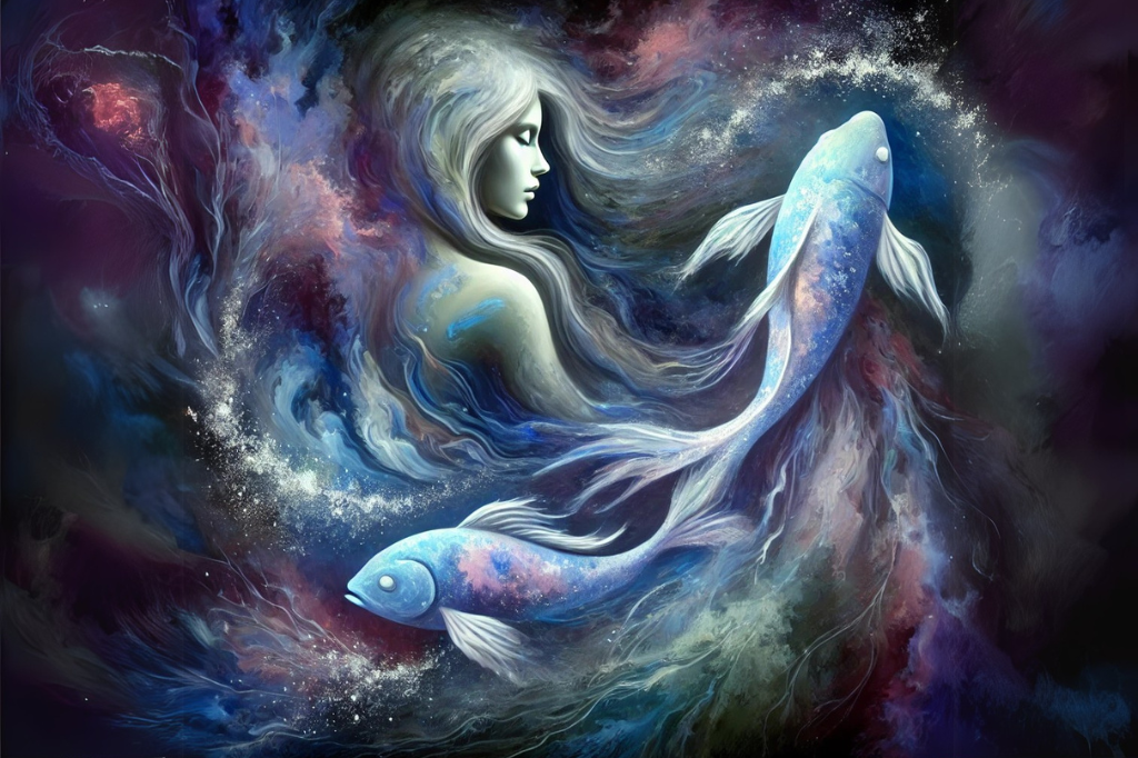 A dreamlike, ethereal digital painting of Pisces energy, featuring a celestial woman intertwined with flowing fish, symbolizing intuition, depth, and transformation.