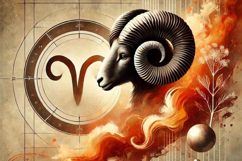 Mystical Aries zodiac artwork featuring the Aries ram, fire elements, and celestial symbols. A bold and dynamic representation of Aries season energy.