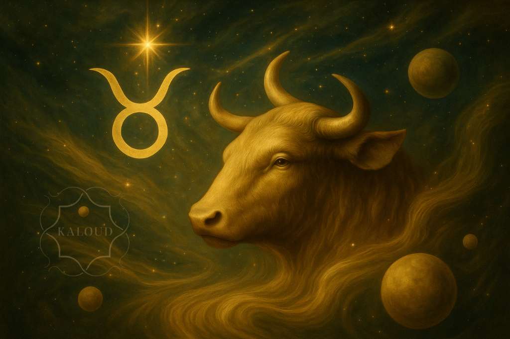 Celestial Taurus zodiac art featuring golden bull and Kaloud logo – luxurious zodiac-inspired hookah blog image