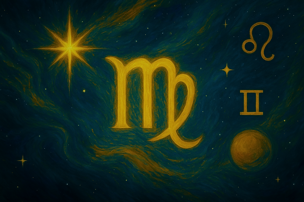Virgo zodiac symbol artwork in cosmic landscape with celestial motifs and astrology symbols – astrological painting for Virgo season blog on hookah rituals, precision, and balance.