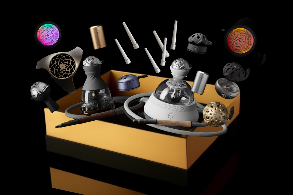 Kaloud luxury hookah gift set with Krysalis Eltheria, Lotus devices, and accessories in black and gold box