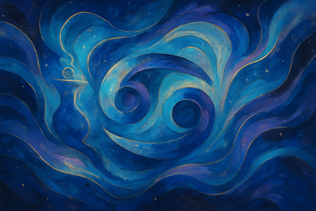 Abstract Cancer zodiac symbol artwork with celestial waves and flowing cosmic shapes in deep blue and violet, representing Cancer season energy.