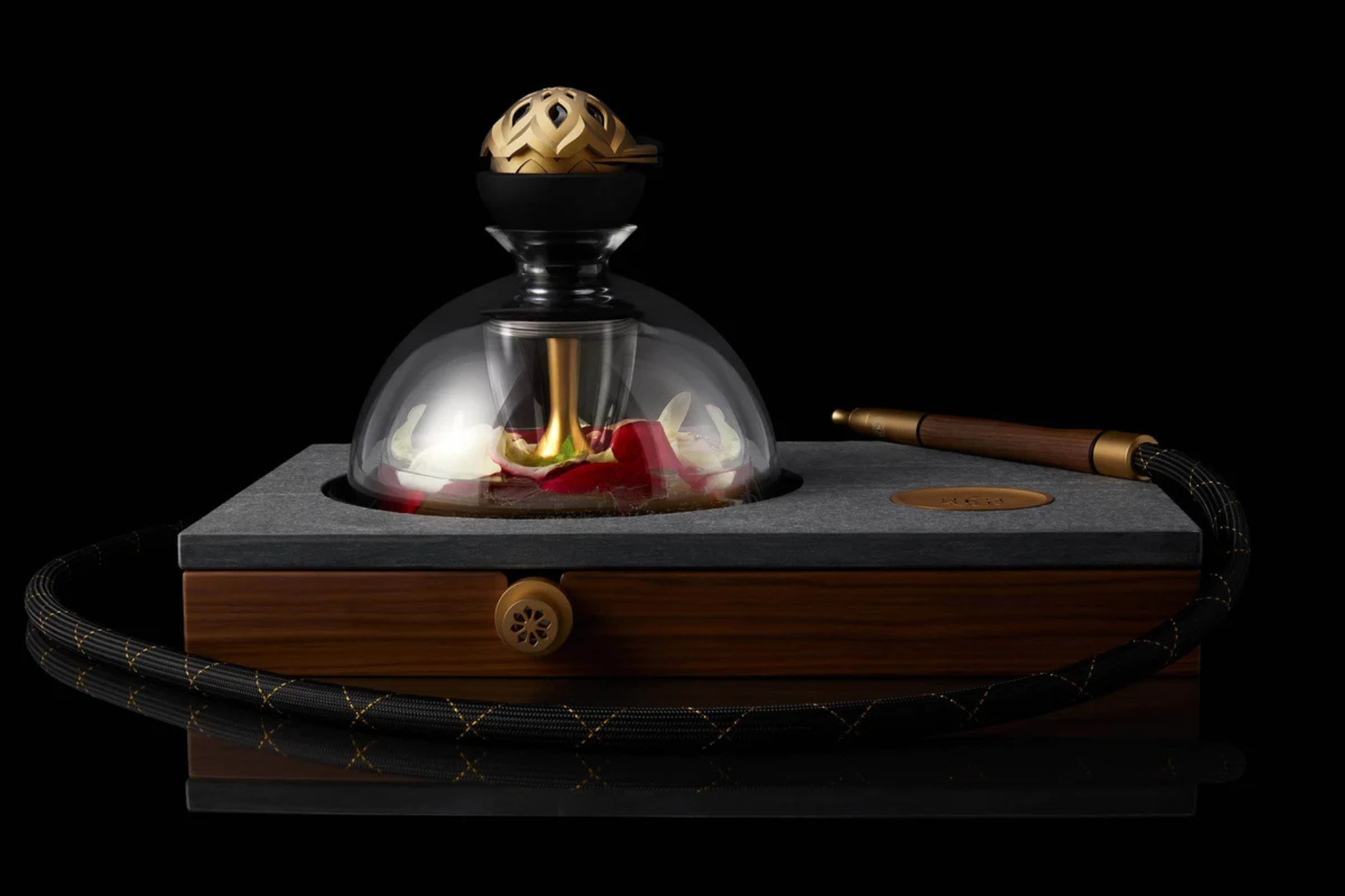 Kaloud Krysalis Monarch luxury hookah with marble base, hardwood body, hand blown glass dome and gold Lotus on black