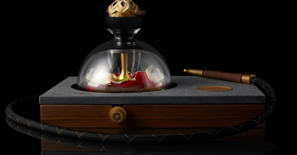 Kaloud Krysalis Monarch luxury hookah with marble base, hardwood body, hand blown glass dome and gold Lotus on black