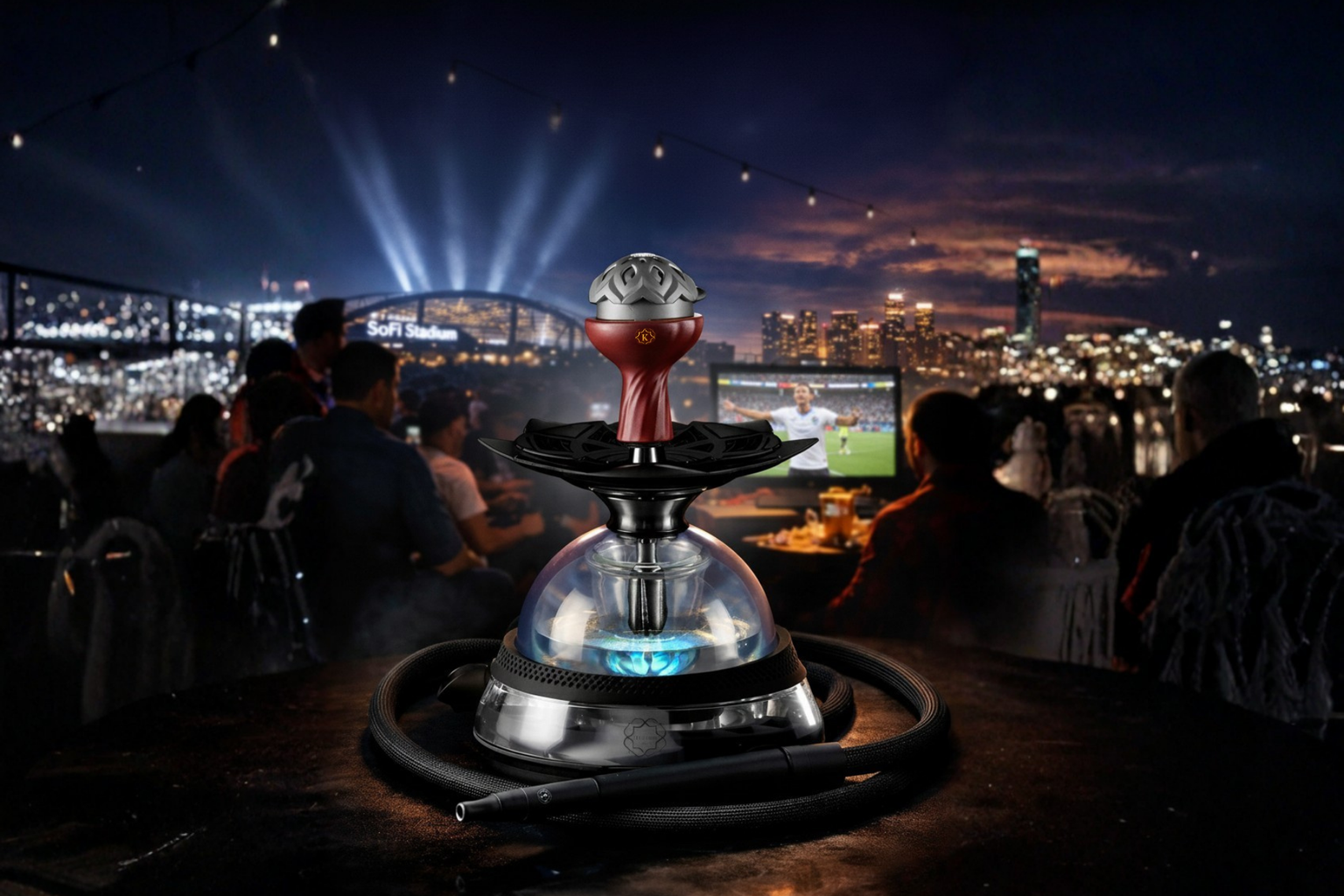 Kaloud Krysalis Eltheria with Lotus III HMD at a luxury World Cup 2026 watch party in Los Angeles, featuring views of SoFi Stadium and the LA skyline for the definitive hookah protocol.