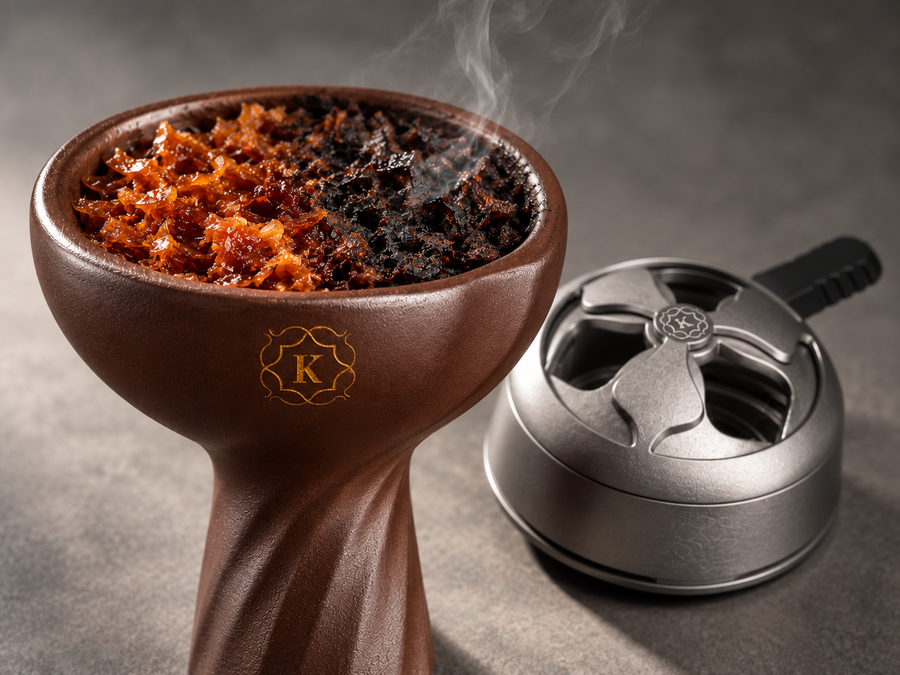 Hookah bowl with fresh, glossy shisha molasses on one side and dark, scorched molasses on the other, beside a Kaloud heat management device