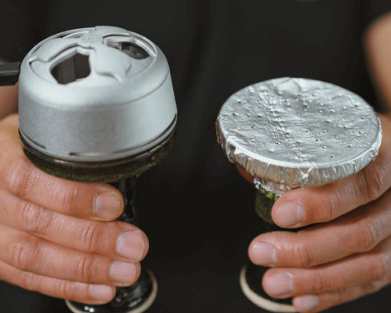 Side-by-side comparison of a Kaloud Lotus heat management device on one hookah bowl and a punctured aluminum foil setup on another