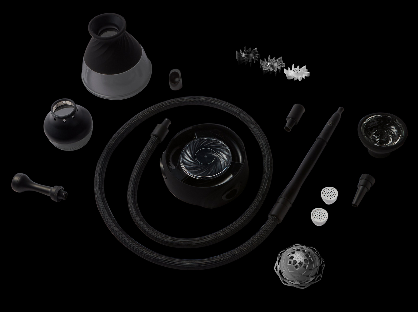 Best hookahs under 500: Kaloud Krysalis Calix portable hookah components displayed on dark background