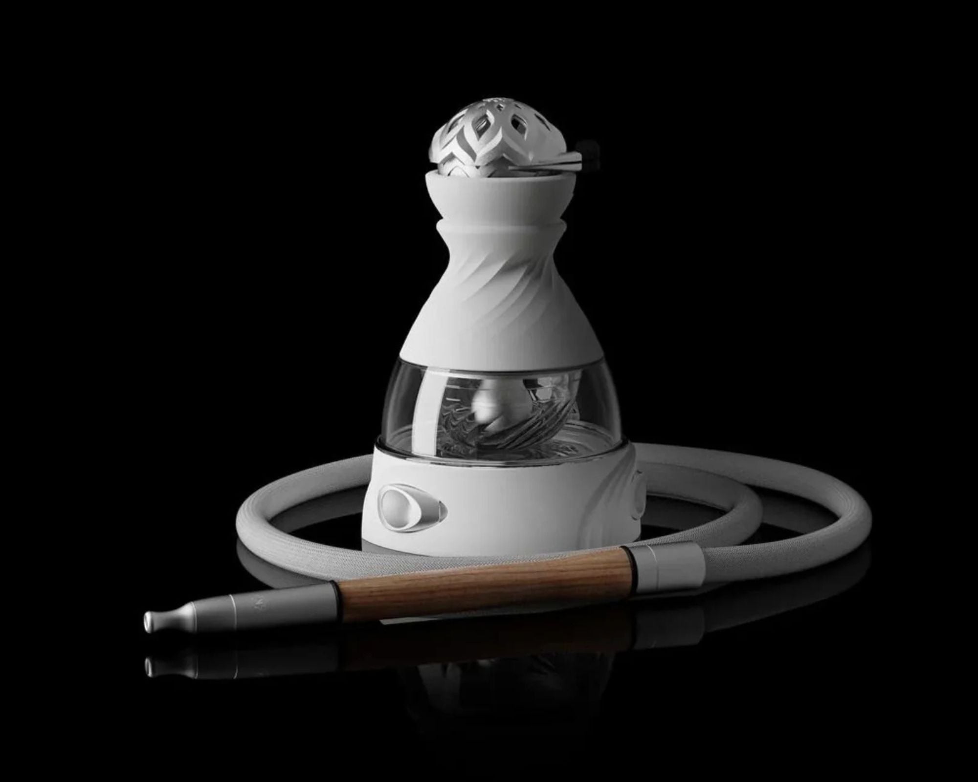 Complete hookah system with heat management device seated on bowl, regulating thermal energy transfer