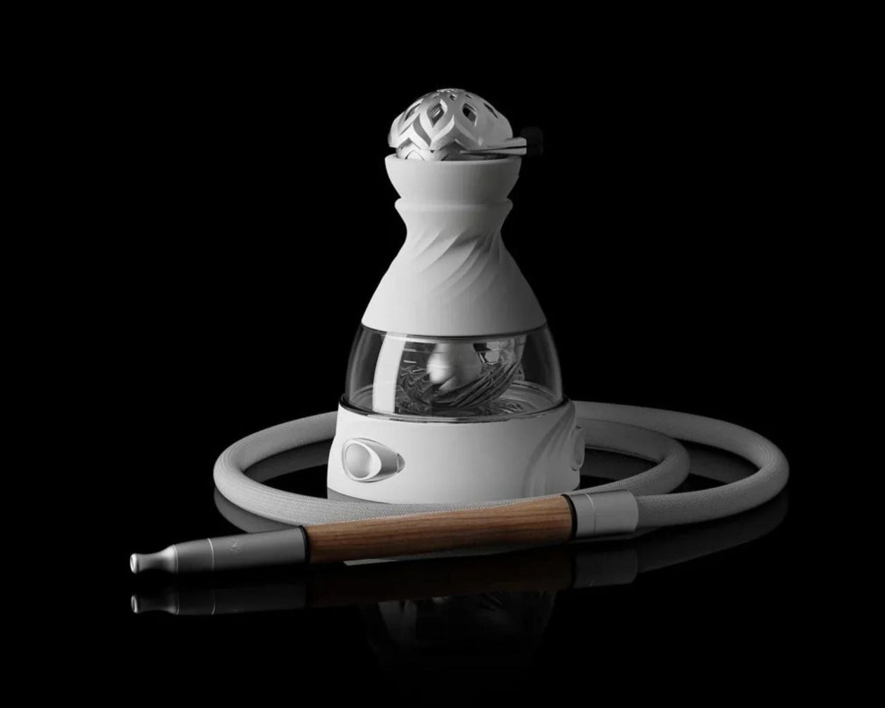 Complete hookah system with heat management device seated on bowl, regulating thermal energy transfer