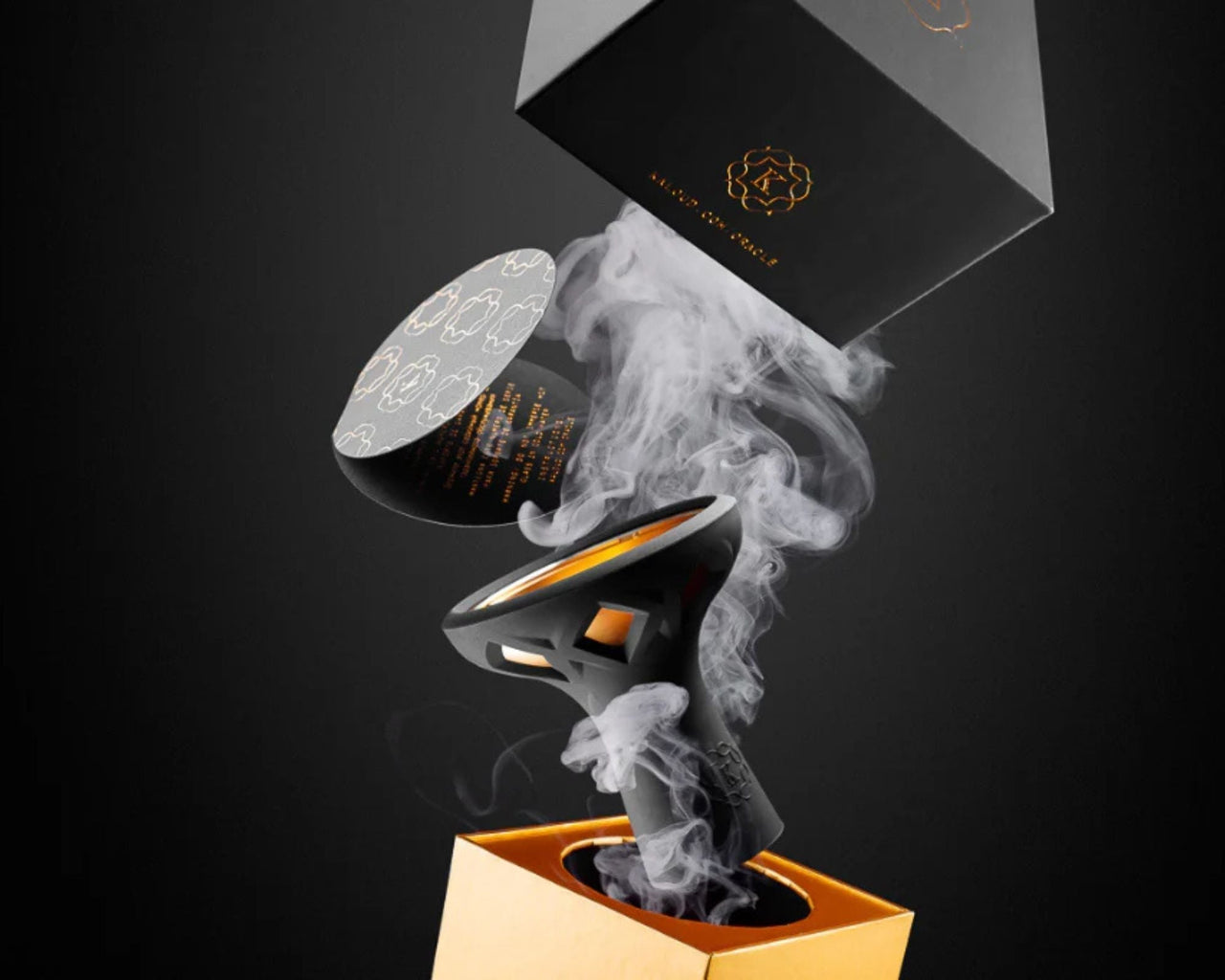 Heat management device in exploded position showing vented dome structure and smoke path during active session