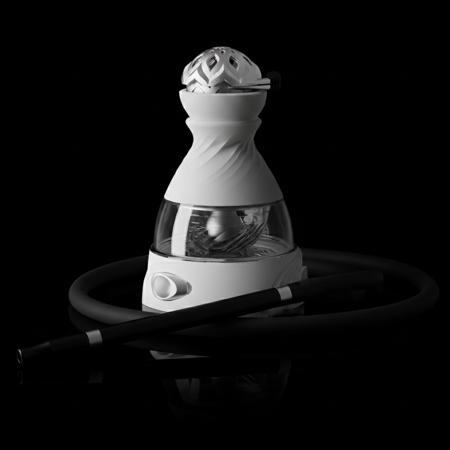 Complete hookah system with heat management device seated on bowl, regulating thermal energy transfer