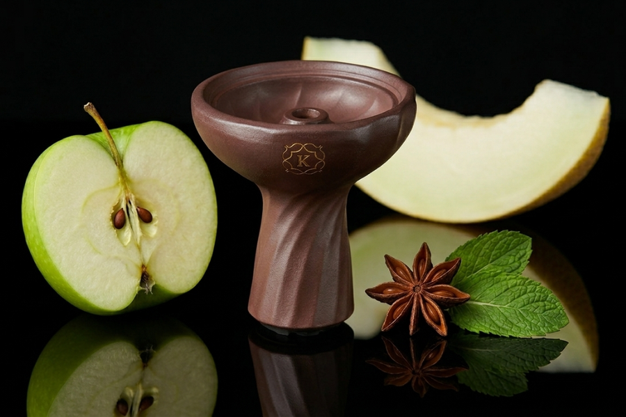 Most searched hookah flavors of 2026: green apple, melon, mint and star anise beside a Kaloud bowl