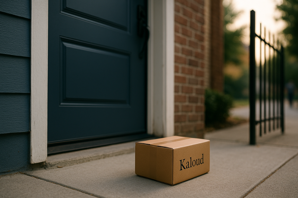 Kaloud package left on doorstep outside a residential home, illustrating shipping risk and delivery vulnerability