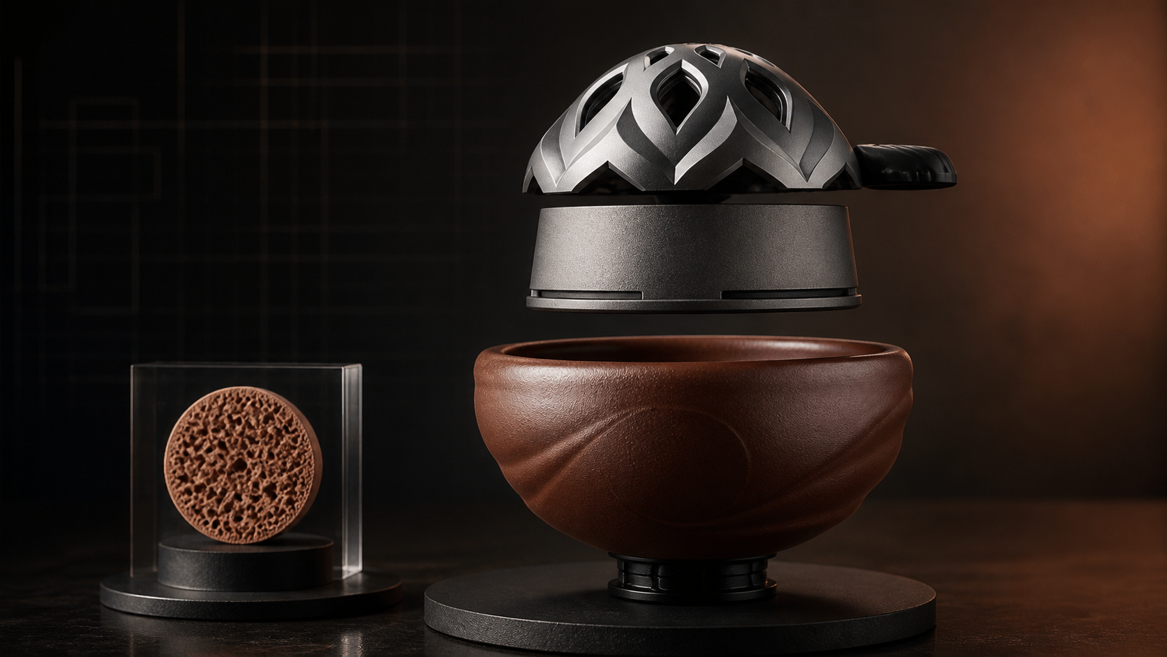 Kaloud Lotus 3 heat management device and Kaloud clay bowl in a clean educational product-study composition for a hookah exposure article