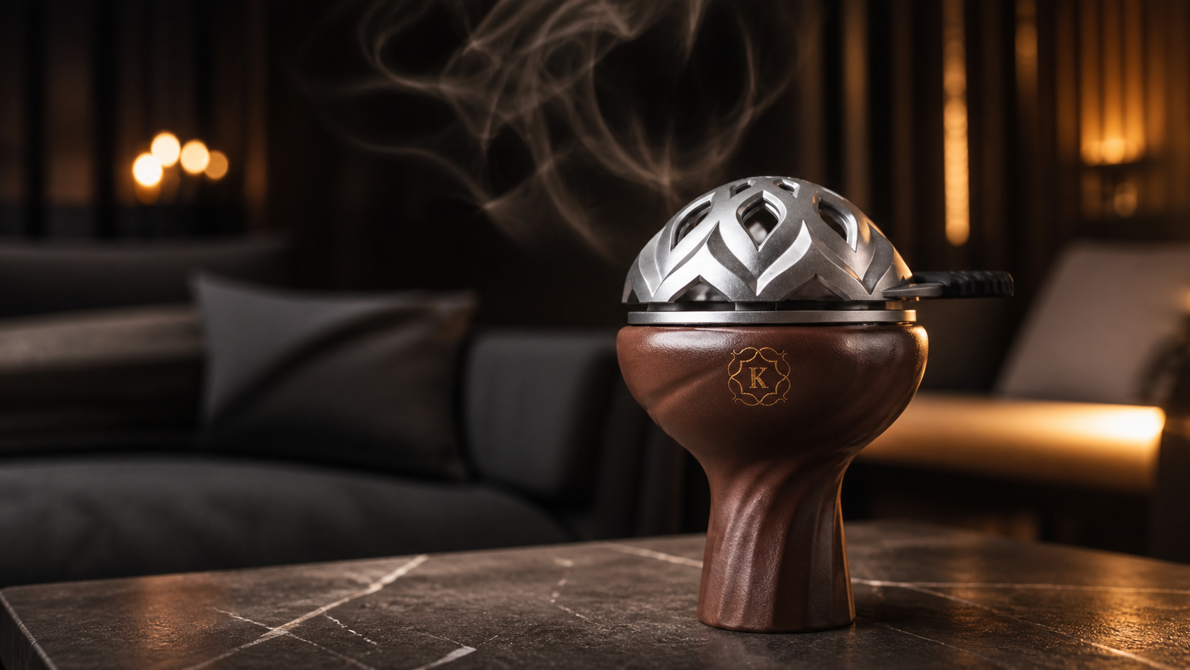 Kaloud Lotus 3 heat management device on a Kaloud clay bowl in a refined lounge service setting, highlighting consistent heat control and premium presentation