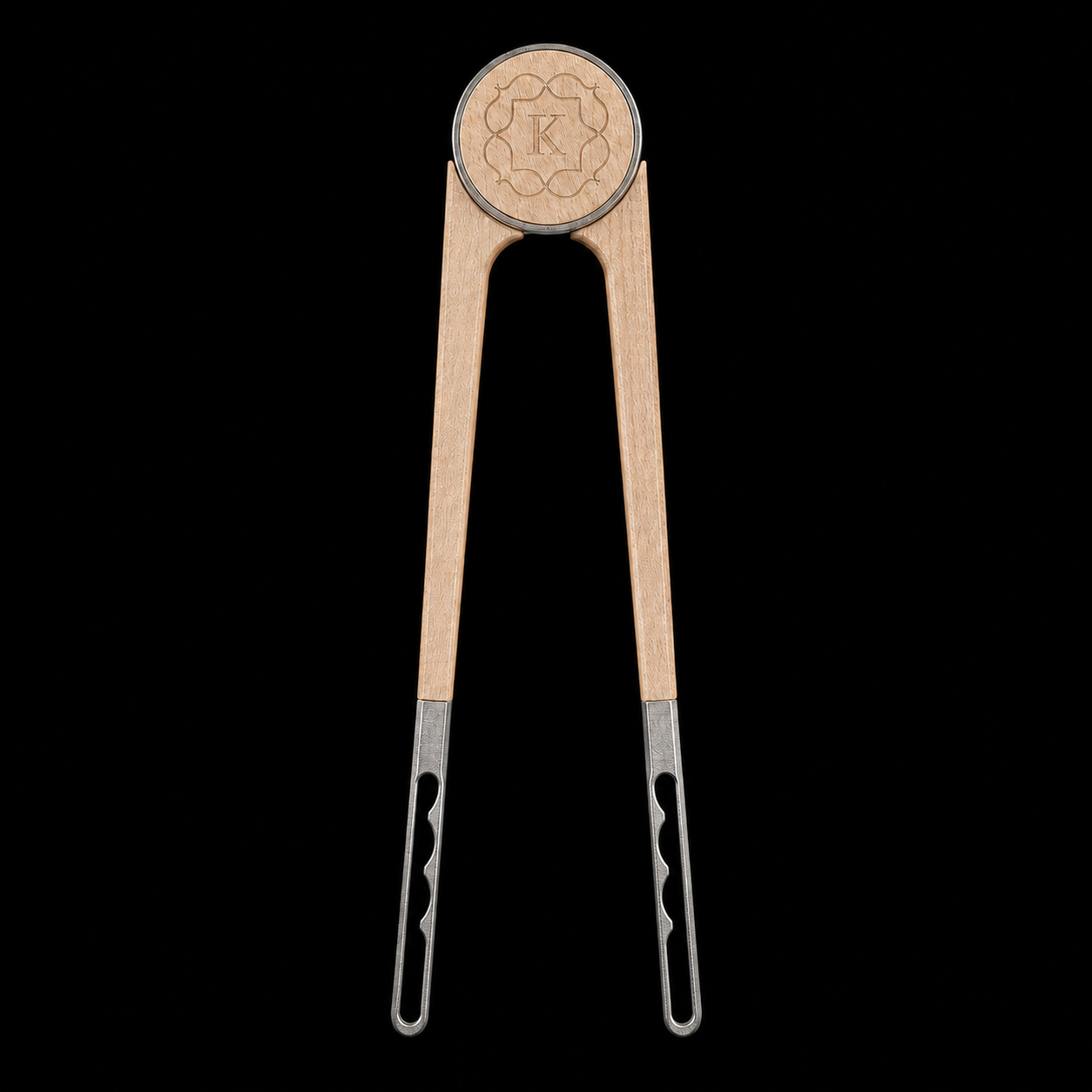 Kaloud Vestara Argis hookah charcoal tongs in light maple and brushed silver, front view on black background