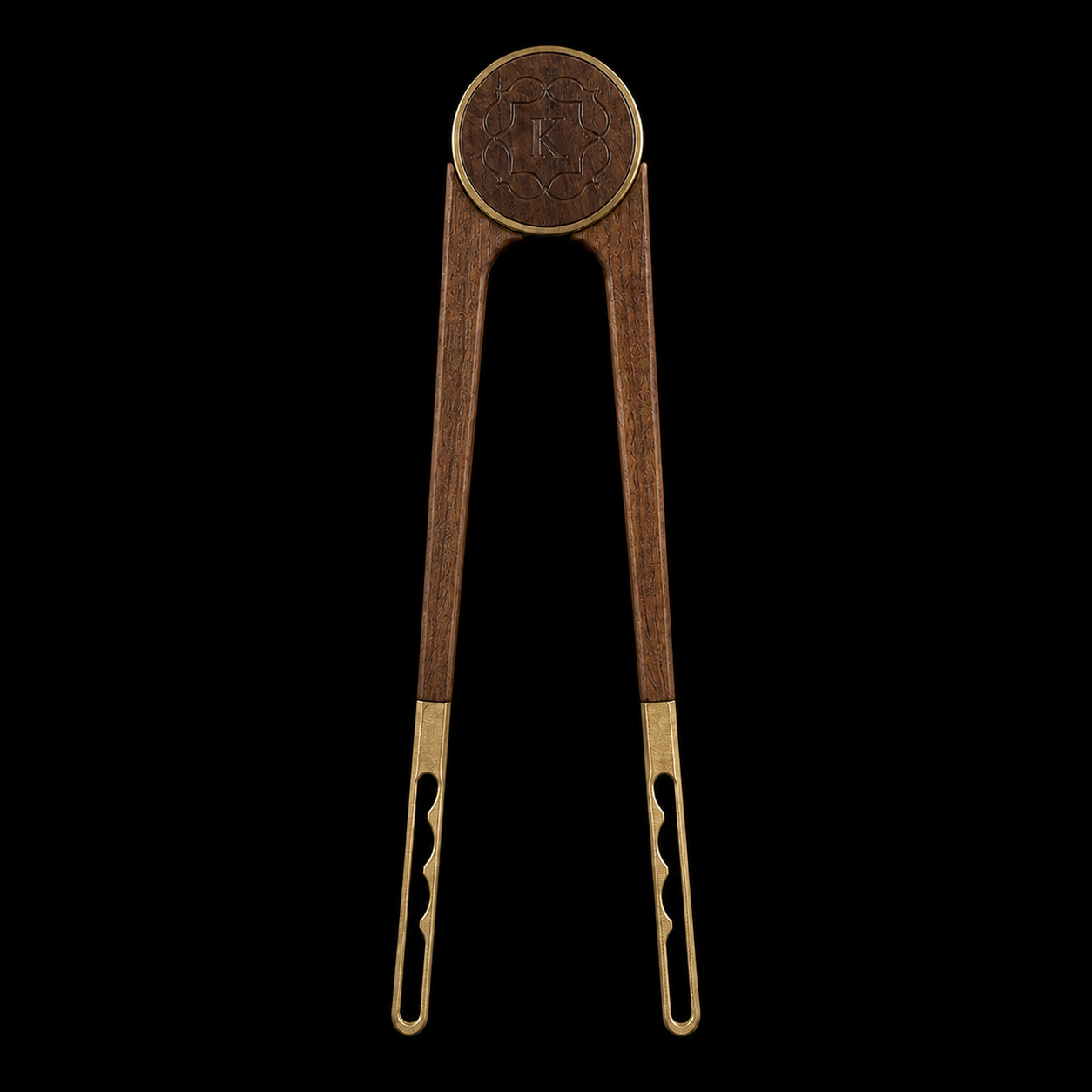 Kaloud Vestara Auris hookah charcoal tongs in dark walnut and satin gold, front view on black background