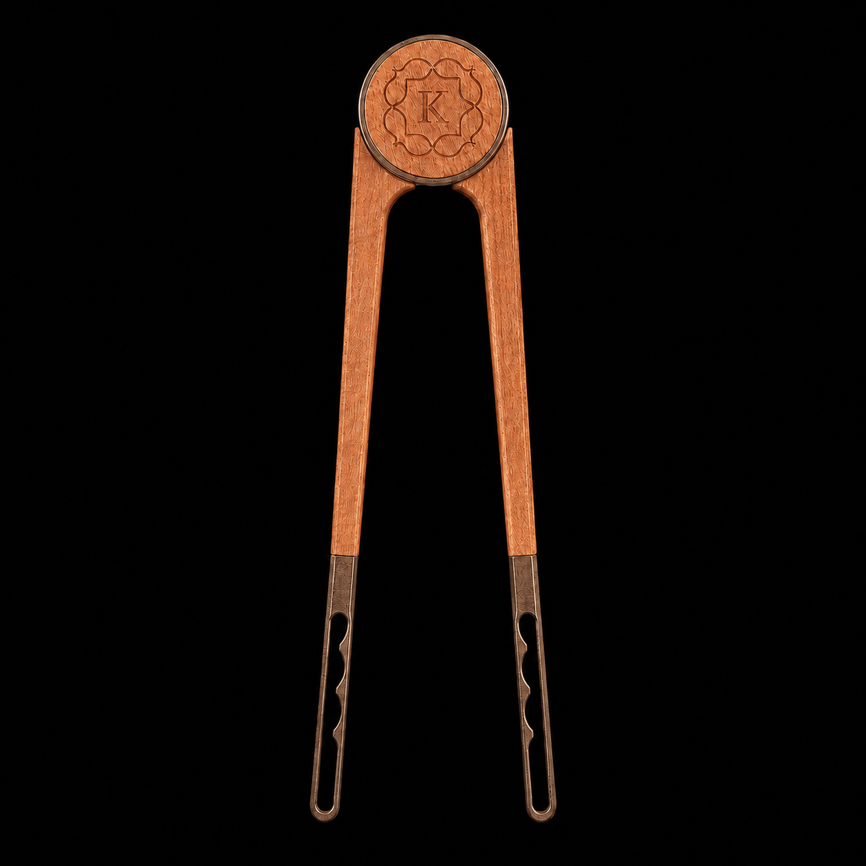 Kaloud Vestara Cyris hookah charcoal tongs in copper wood and antique bronze, front view on black background