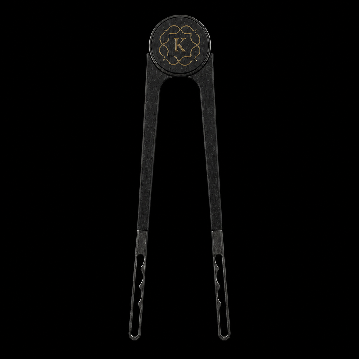 Kaloud Vestara Niris hookah charcoal tongs in black wood and blackened metal, front view on black background