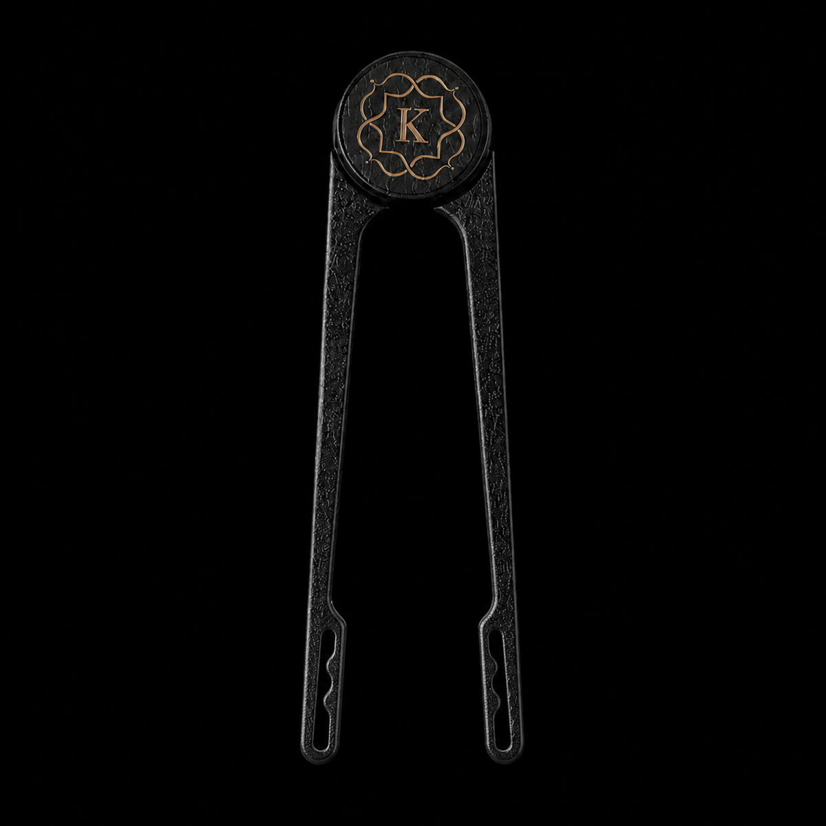 Kaloud Vestara Auris dark walnut and gold hookah charcoal tongs with blunt looped three-scallop grip tips, front view on black background