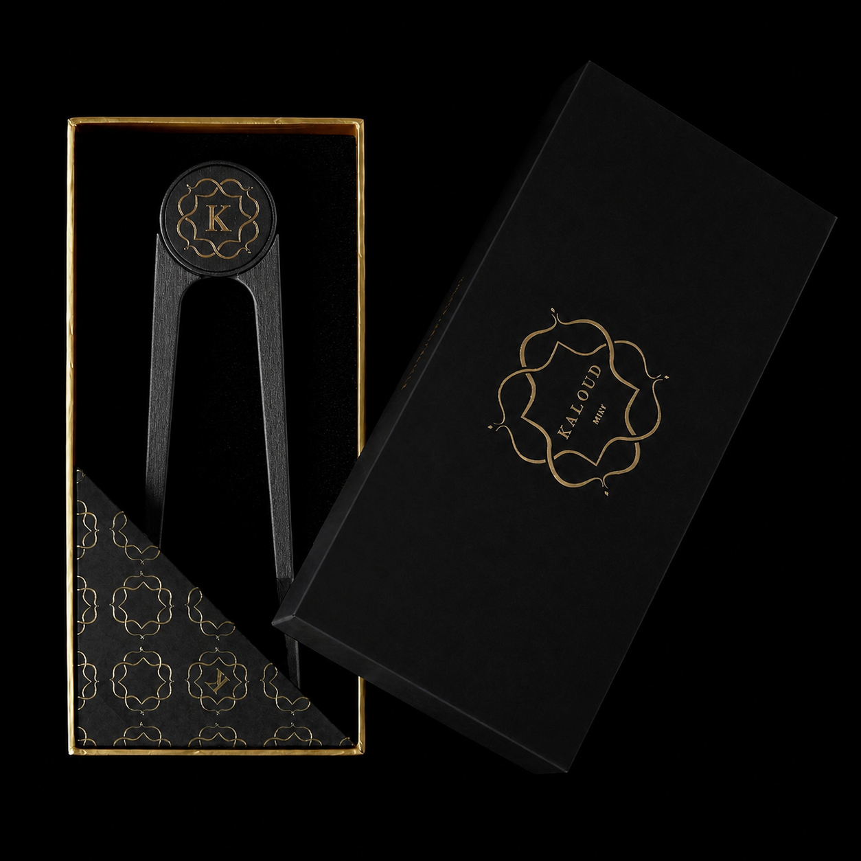 Kaloud Vestara Niris hookah charcoal tongs in black-and-gold presentation packaging