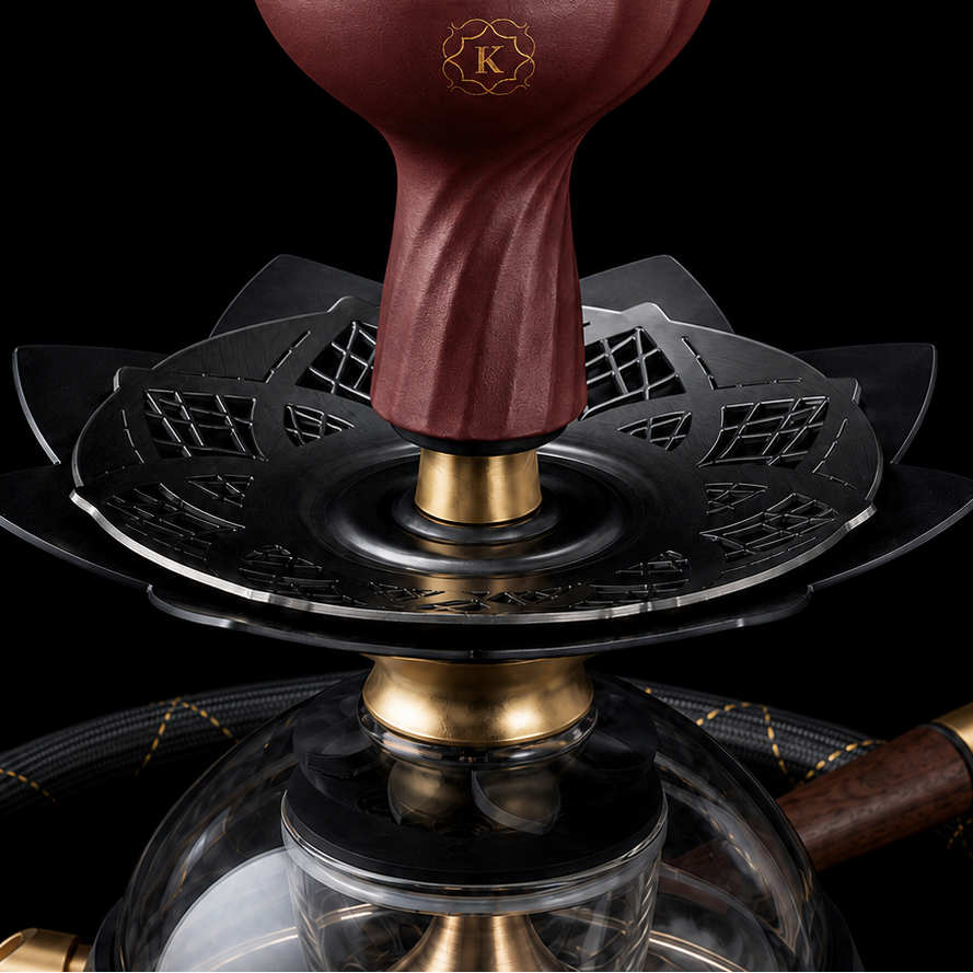 Close-up of the Kaloud Krysalis Eltheria 2.0 Wenge Wood hookah crown, showing the reddish-brown wooden Lotus HMD, gold Kaloud emblem, Samsaris tray, and brass detailing