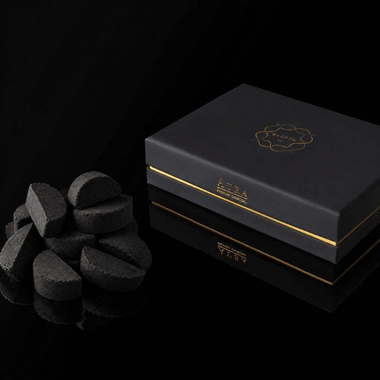 Kaloud Aura® Premium Coconut Charcoal Half Moon Cut 48 pieces beside Kaloud branded black gift box with gold trim
