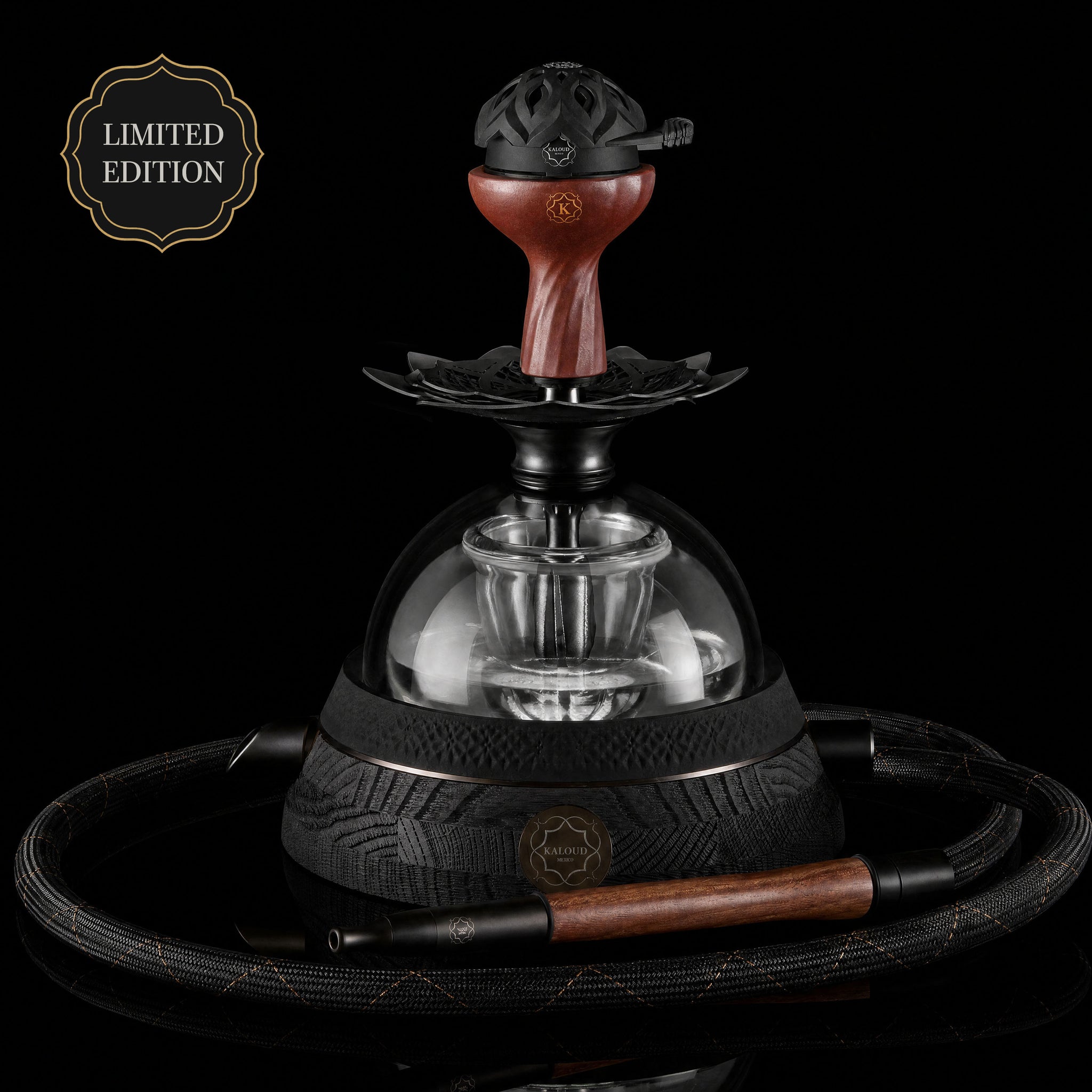 Krysalis Eltheria 2.0 Shou Sugi Ban black wood complete hookah set with Lotus HMD, glass vessel and Aeolis hose - Limited Edition by Kaloud
