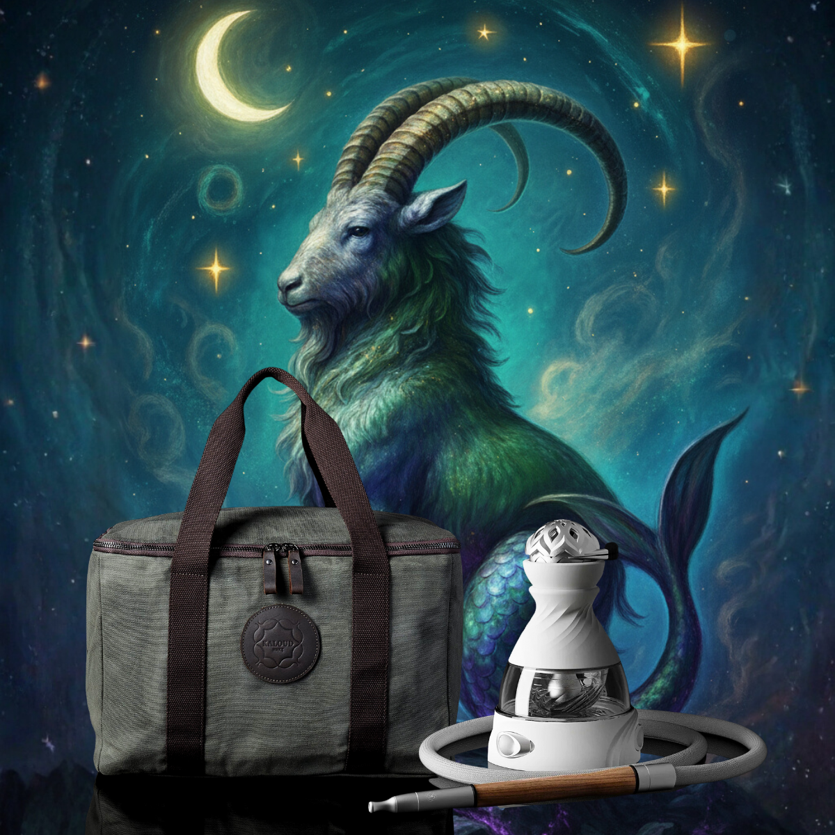 Capricorn goat zodiac artwork with Kaloud Krysalis Calix White Set and Calix Case. Premium Capricorn hookah bundle for holiday gifts, zodiac lovers, and luxury shisha enthusiasts.
