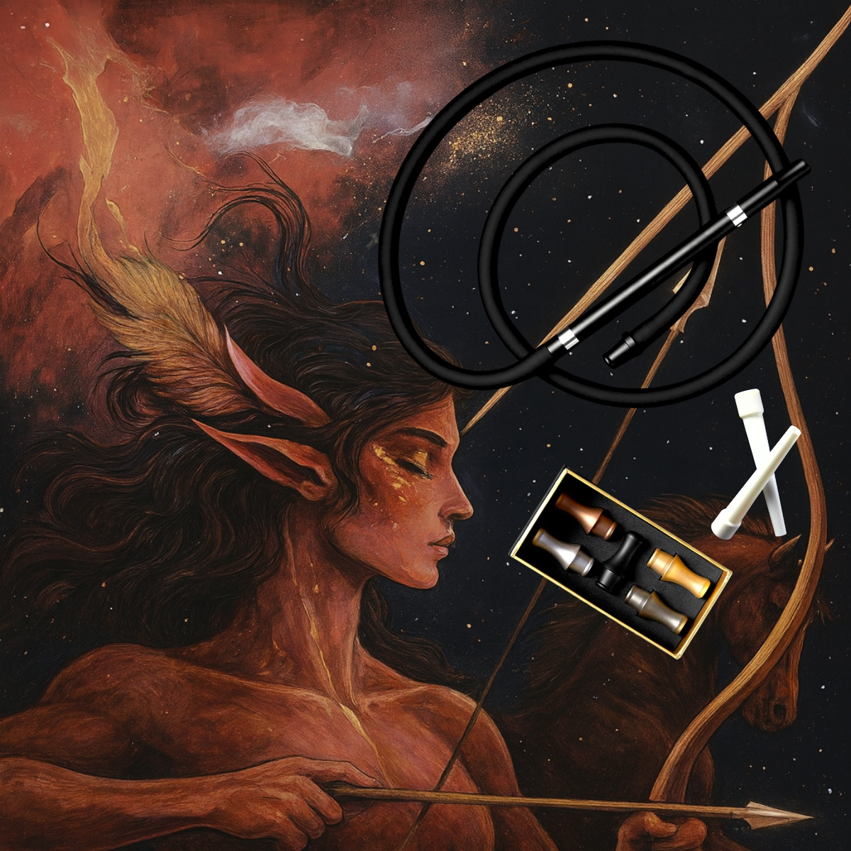 Cosmic Sagittarius centaur archer artwork with Kaloud Nirvaya Hose, Aeolis Mixed Tips, and Cybele Compostable Tips overlayed. Luxury Sagittarius Zodiac Bundle image for holiday hookah gift promotions.