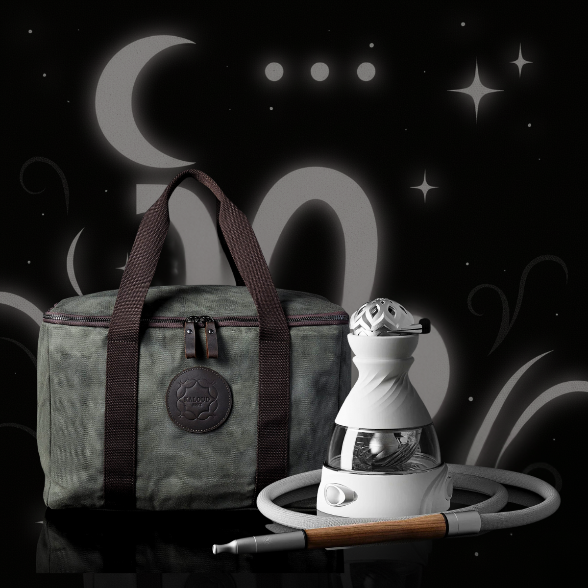 Kaloud Capricorn Zodiac Bundle with White Krysalis Calix and Calix Travel Case against mystical Capricorn symbol backdrop. Luxury zodiac hookah gift set for holiday gifting.