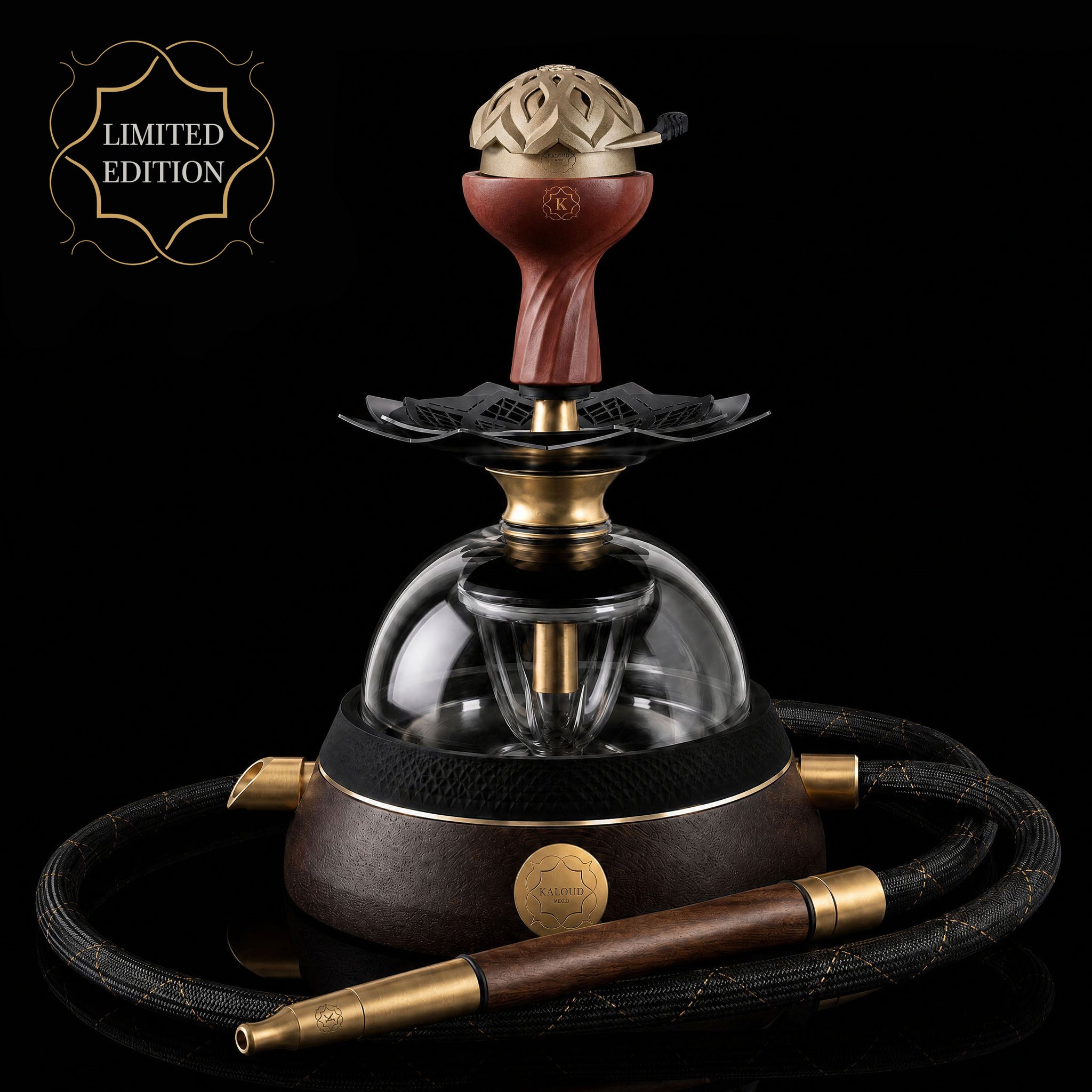 Kaloud Krysalis Eltheria 2.0 Wenge Wood complete hookah system with Lotus HMD, glass base, wooden stem, and Aeolis hose - Limited Edition