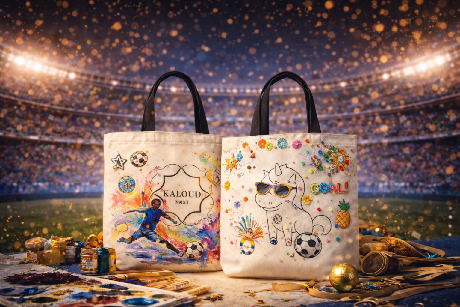 Kaloud World Cup 2026 giveaway hero image featuring two custom-designed canvas tote bags displayed in a football stadium setting, highlighting the Kaloud Creative Canvas contest where participants customize tote bags for a chance to win FIFA World Cup 2026 tickets in Los Angeles.