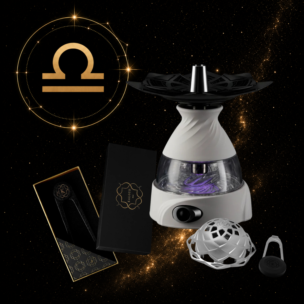 Kaloud Libra Zodiac Hookah Bundle featuring the Krysalis Calix 2.0 White Core System with Aeras Duo Ashtray, Lotus II Stainless in Argis, and Vestara Niris Tongs