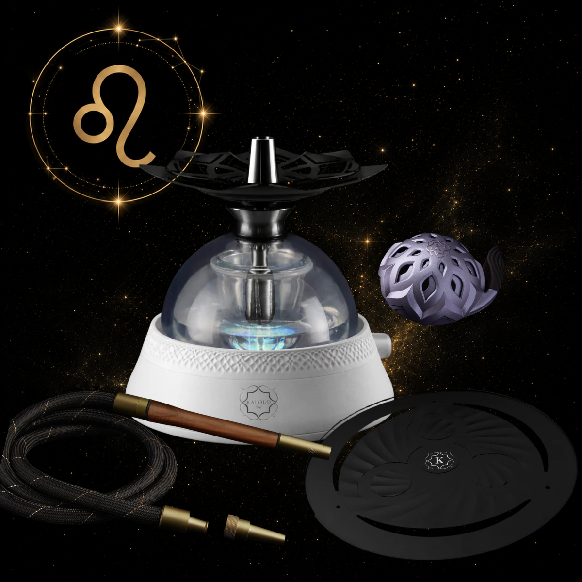 Kaloud Leo Zodiac Hookah Bundle featuring the Krysalis Eltheria 2.0 White Core System, Lotus III Violis HMD, Altaris Rotating Metal Base, and Aeolis Auris gold hose
