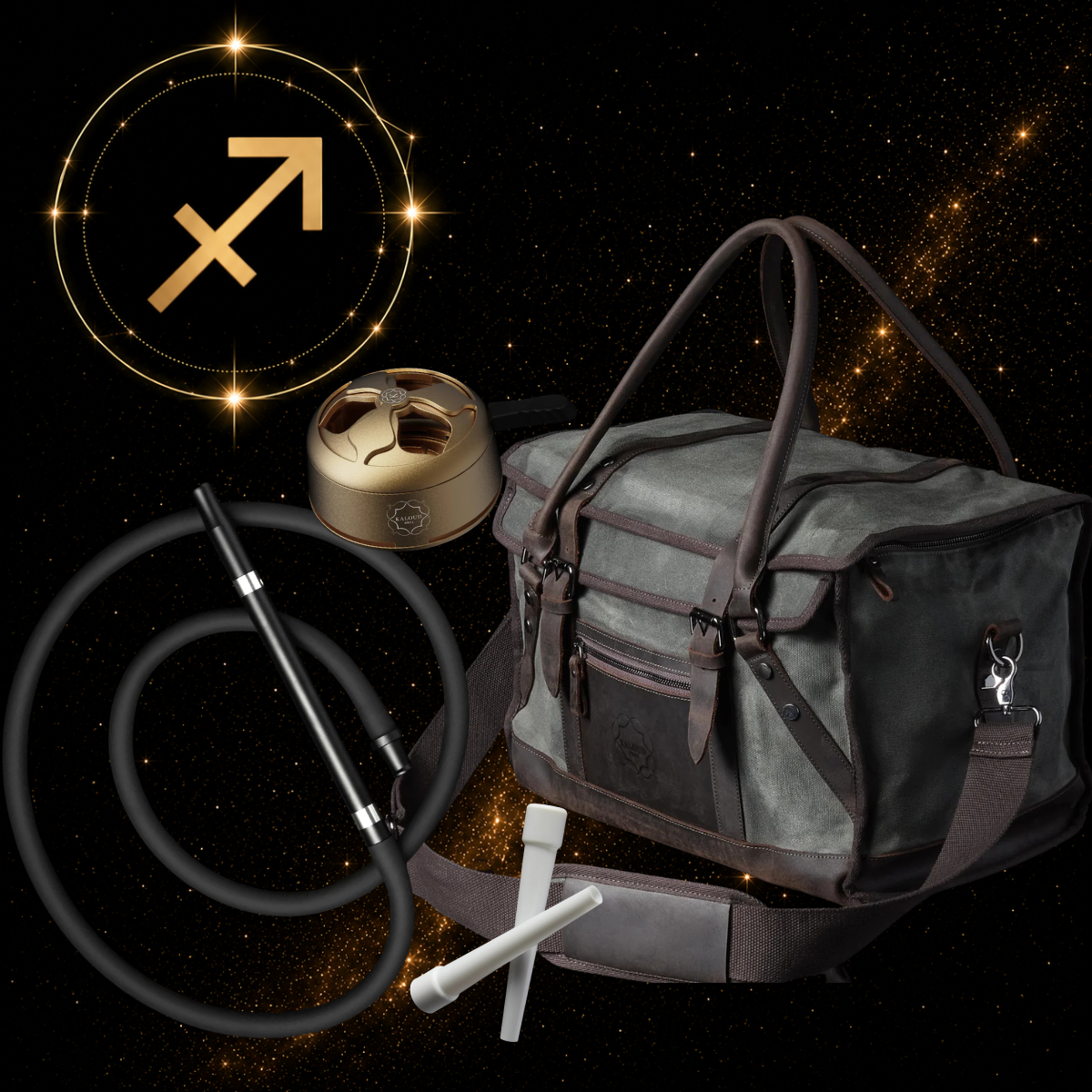 Kaloud Sagittarius Zodiac Hookah Bundle featuring the Multi-Adventure Weekender Bag, Nirvaya Hose with 11-inch handle, Lotus I+ Aluminum in Auris, and 50-piece Cybele Compostable Tips