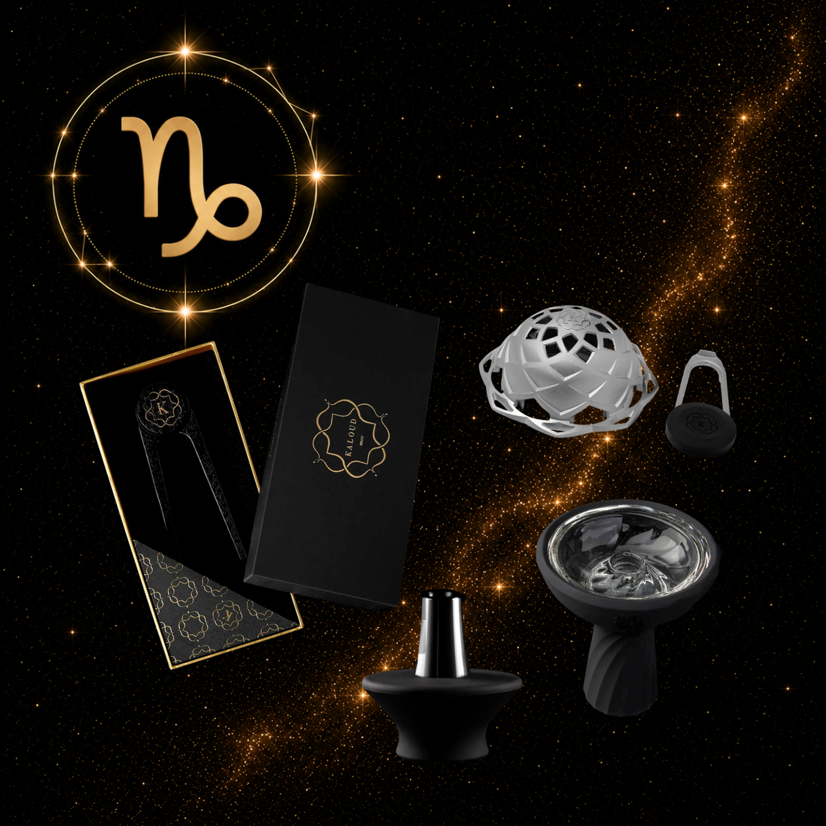 Kaloud Capricorn Zodiac Hookah Bundle featuring the Lotus II Stainless in Argis, Samsaris Vitria III glass bowl, Krysalis Bowl Adapter 3.0, and Vestara Niris Tongs