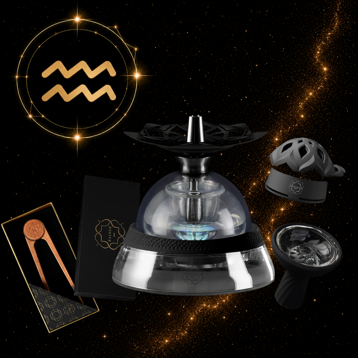 Kaloud Aquarius Zodiac Hookah Bundle featuring the Krysalis Eltheria 2.0 Lucidity Core System, Lotus I+3 in Niris, Samsaris Vitria III glass bowl, and electric-blue Vestara Tongs in Cyris