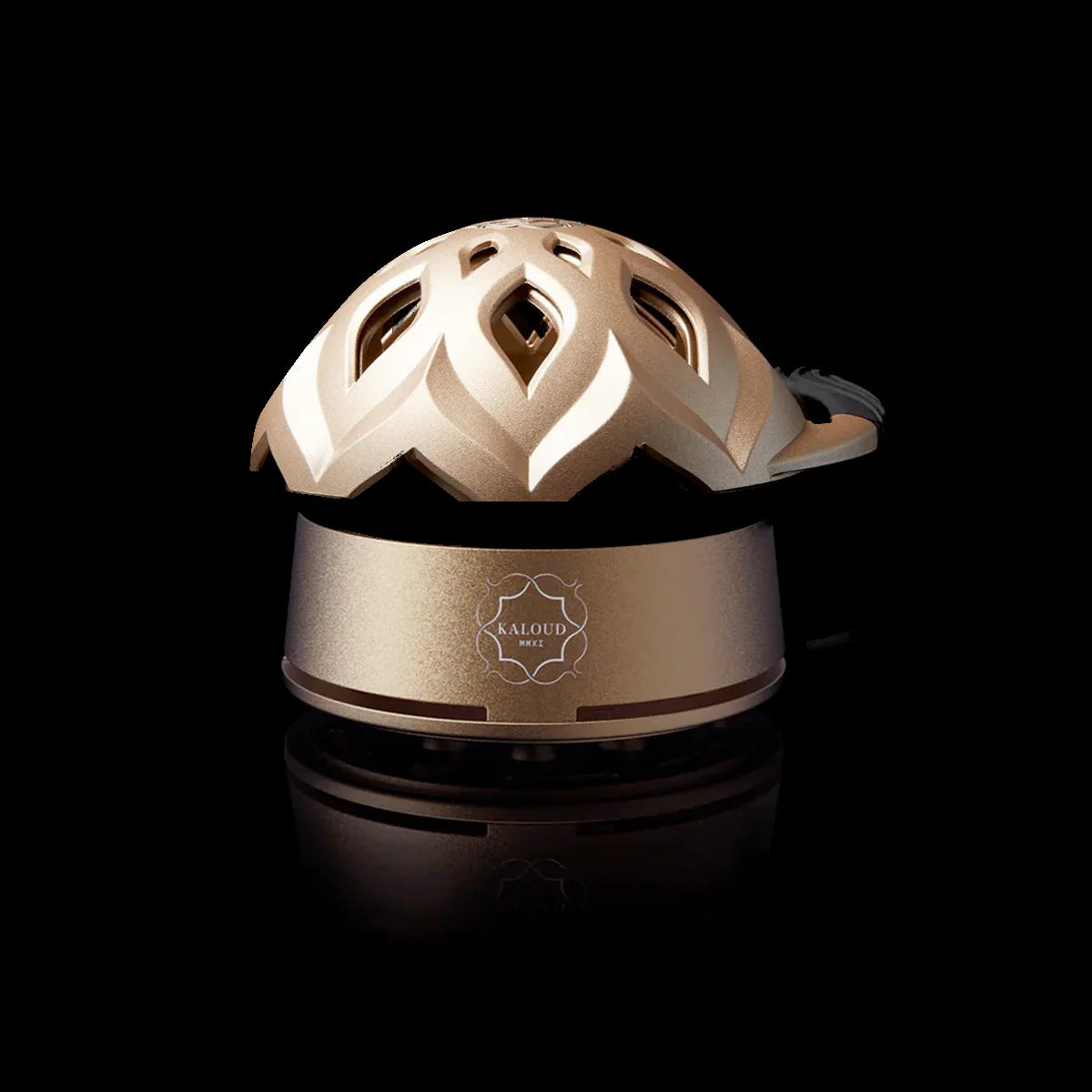 Kaloud Lotus I+3 Auris gold hookah heat management device - premium stainless steel HMD with signature gold-tone finish, open-lattice dome design and ergonomic handle, part of the Kaloud Lotus Master Bundle complete multi-generation shisha heat management collection for elevated hookah sessions