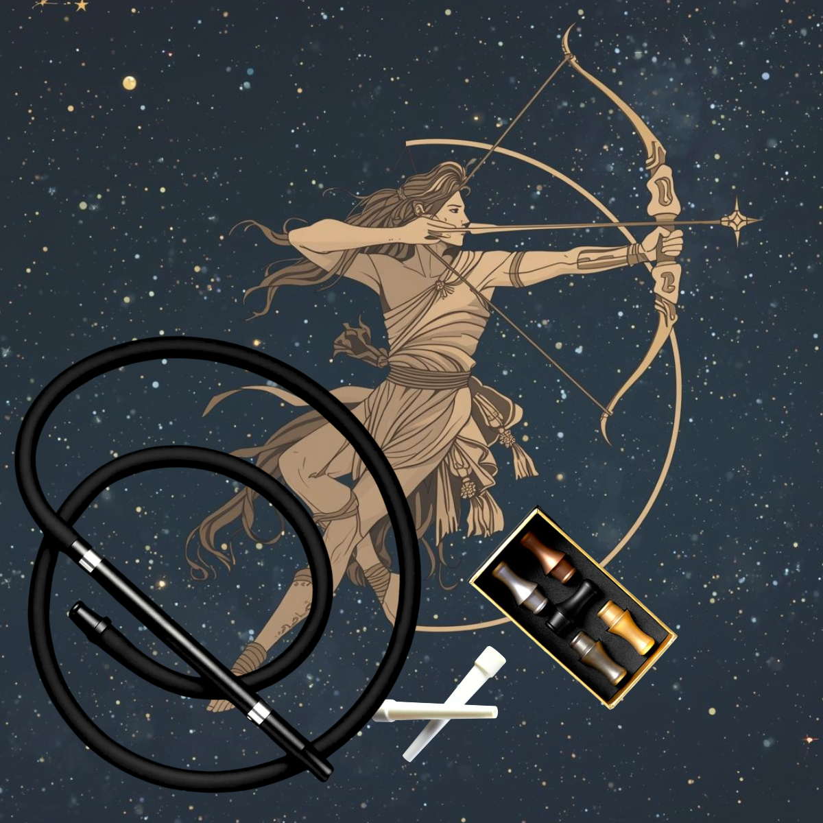 Sagittarius zodiac archer illustration with Kaloud Nirvaya Hose, Aeolis Mixed Tips, and Cybele Compostable Tips arranged in foreground. Zodiac hookah gift set for Sagittarius and holiday gifting.