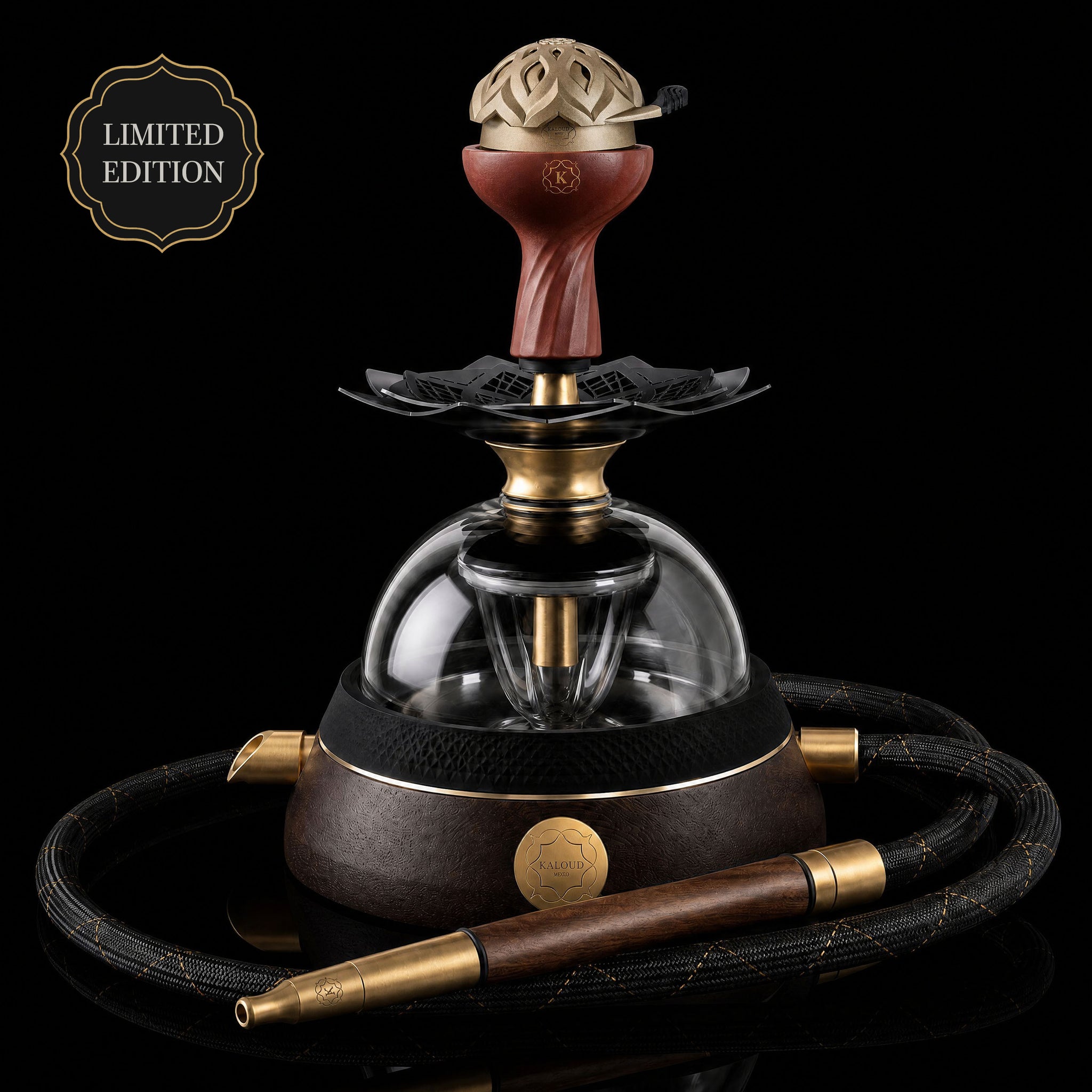 Kaloud Krysalis Eltheria 2.0 Wenge Wood complete hookah system with Lotus HMD, glass base, wooden stem, and Aeolis hose - Limited Edition