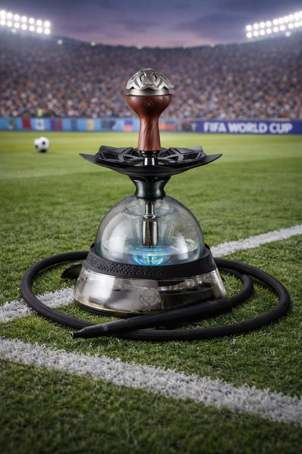Official Kaloud World Cup 2026 hosting giveaway for Los Angeles soccer fans, showcasing the elite Krysalis hookah system and gold Lotus heat management device.