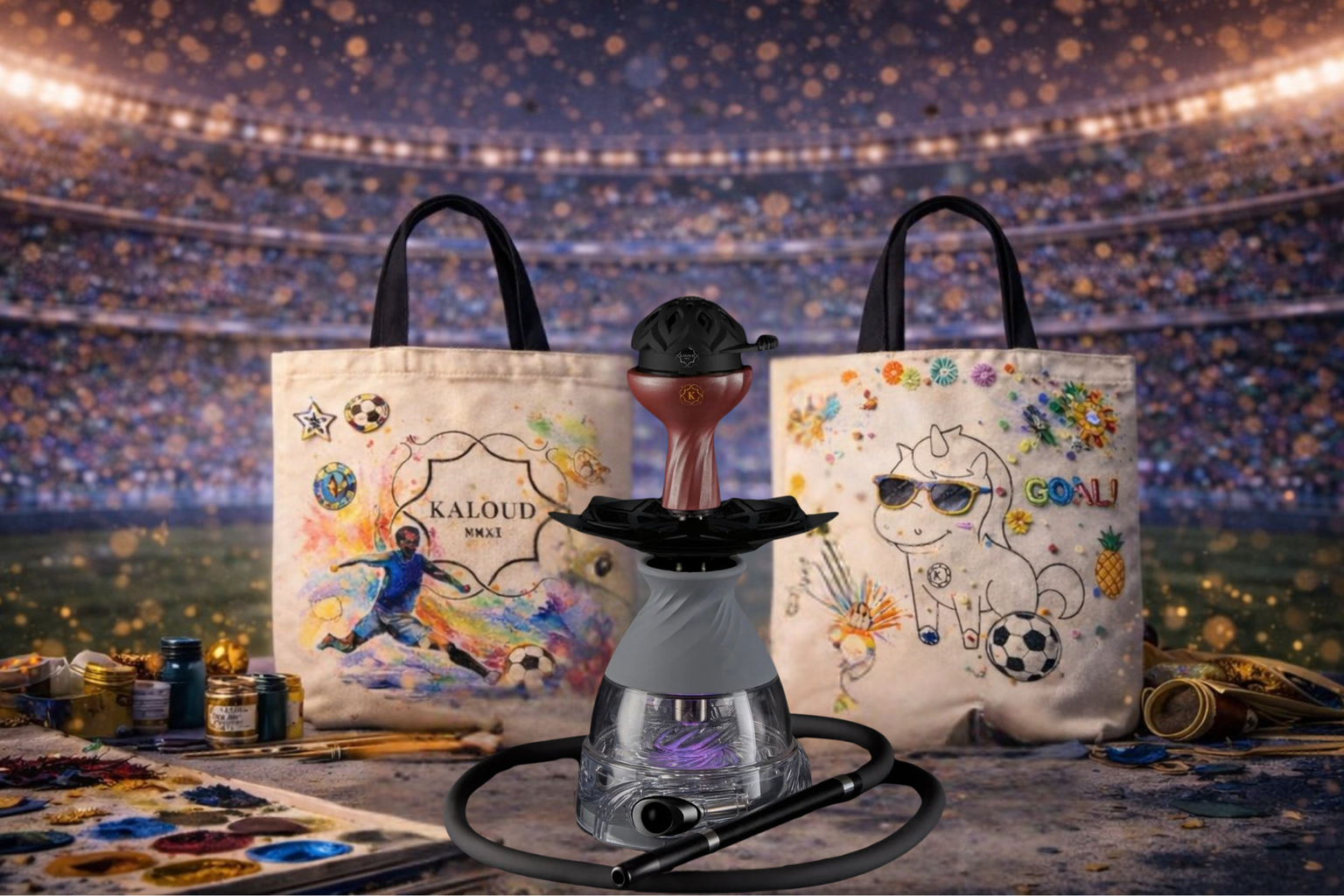Kaloud World Cup 2026 giveaway hero image featuring two custom-designed canvas tote bags displayed in a football stadium setting, highlighting the Kaloud Creative Canvas contest where participants customize tote bags for a chance to win FIFA World Cup 2026 tickets in Los Angeles.