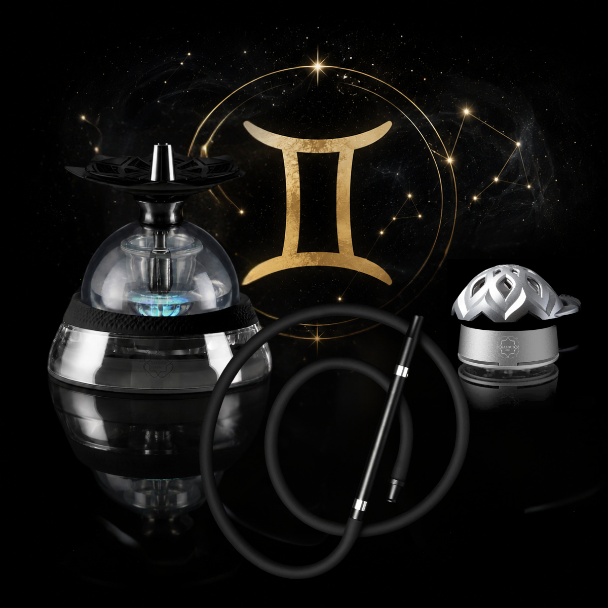 Kaloud Gemini Zodiac Hookah Bundle featuring the Krysalis Eltheria 2.0 transparent hookah system, Kaloud Nirvaya hose with 11-inch black handle, and Lotus I+3 Argis heat management device in silver, set against a black starfield background with the gold Gemini zodiac symbol and constellation.